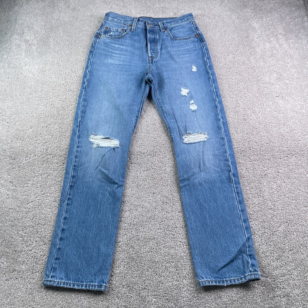 Levis Jeans Women 27 Blue 501 Original Fit Distressed Straight Leg Cotton Denim